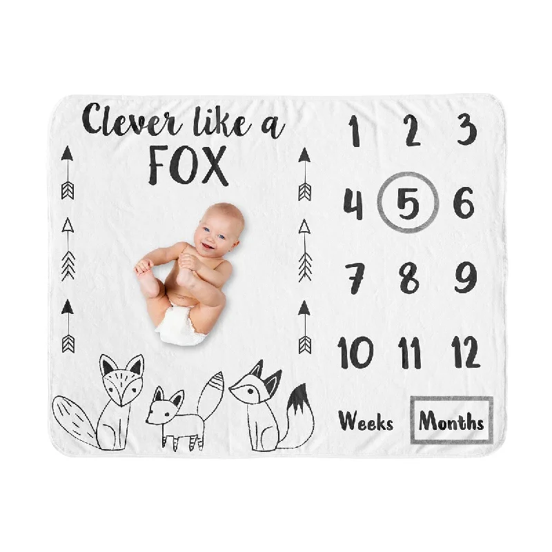 Fox Boy or Girl Baby Monthly Milestone Blanket - Black and White Gender Neutral Unisex Woodland Forest Animal Arrow Clever