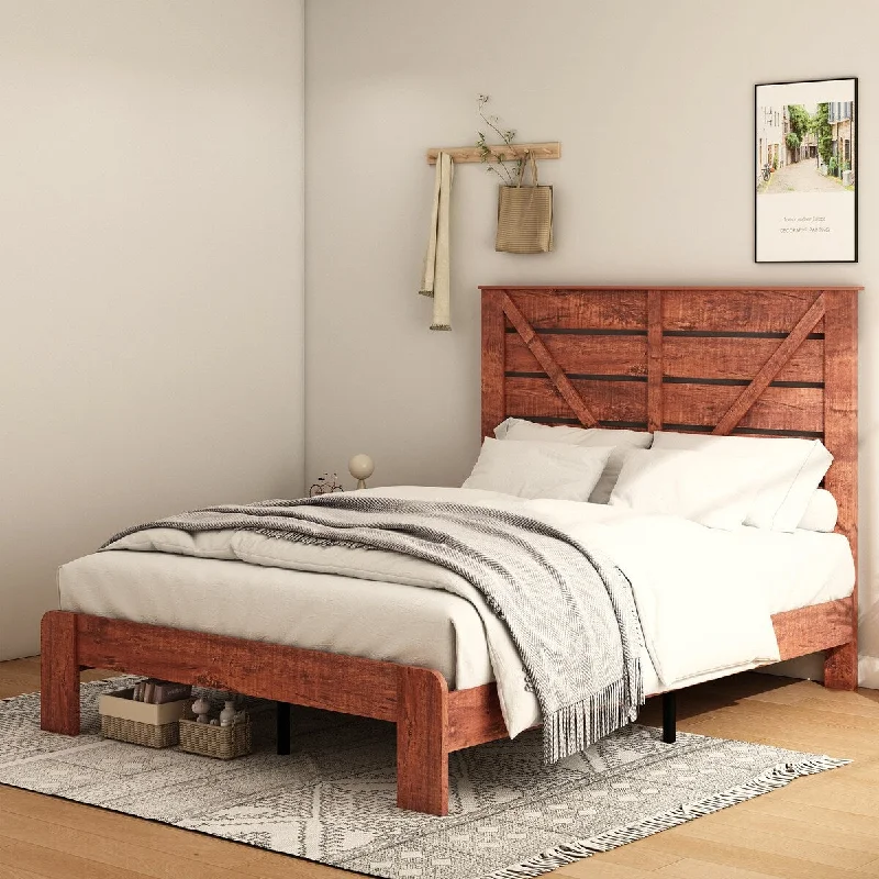 Full/Queen/King Size Bed Frame with Headboard, Vintage Wood Platform Bed with Large Under Bed Storage, No Box Spring Needed