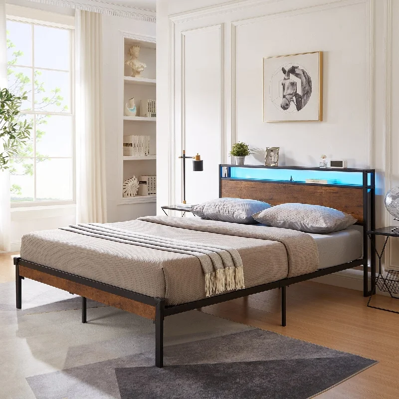 Full Size Metal Platform Bed Frame with USB Liner and LED Lits