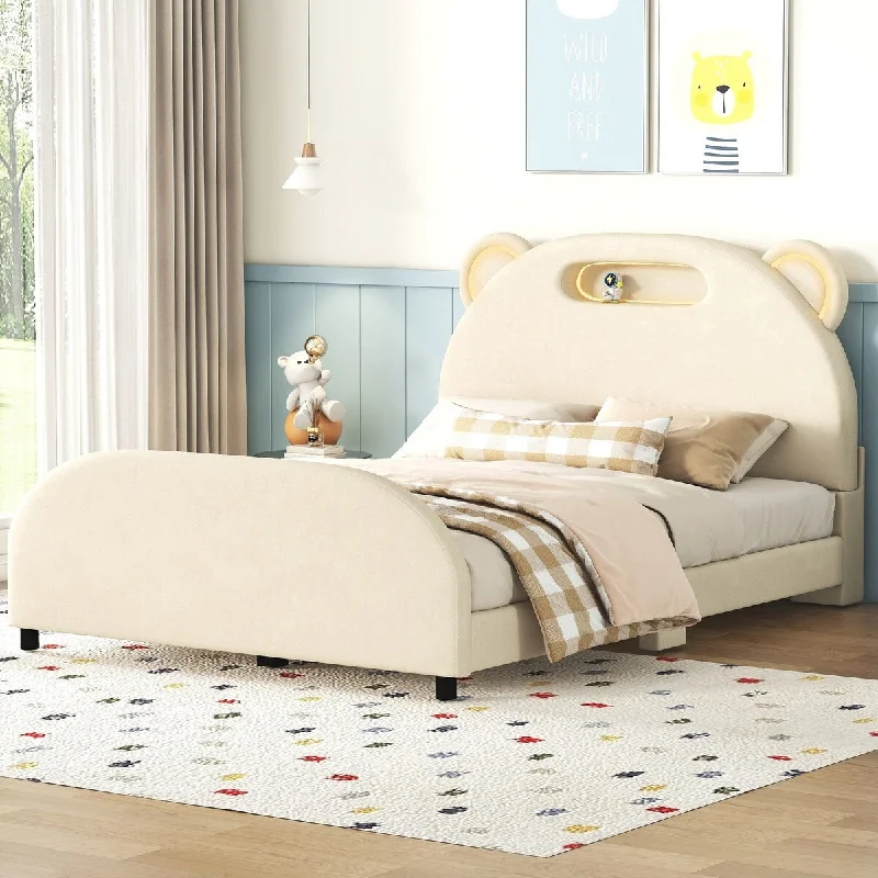 Full Size Velvet Kids Bed with Bear-Shaped Headboard, Beige