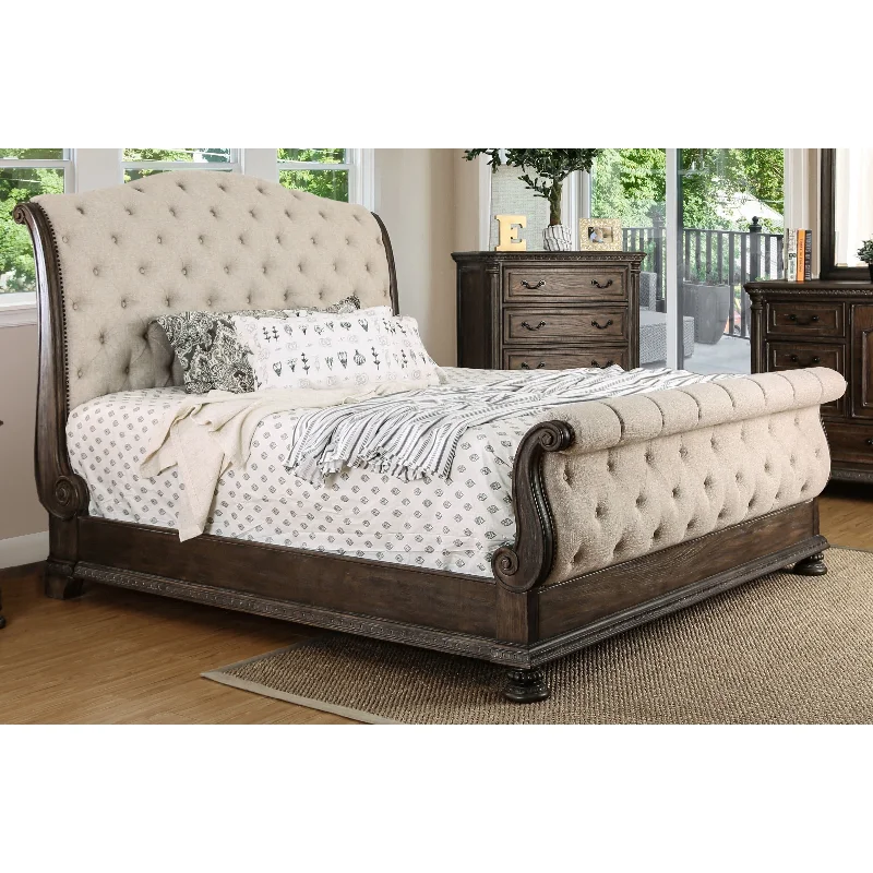 Furniture of America Brev Rustic Beige Tufted Fabric Sleigh Bed