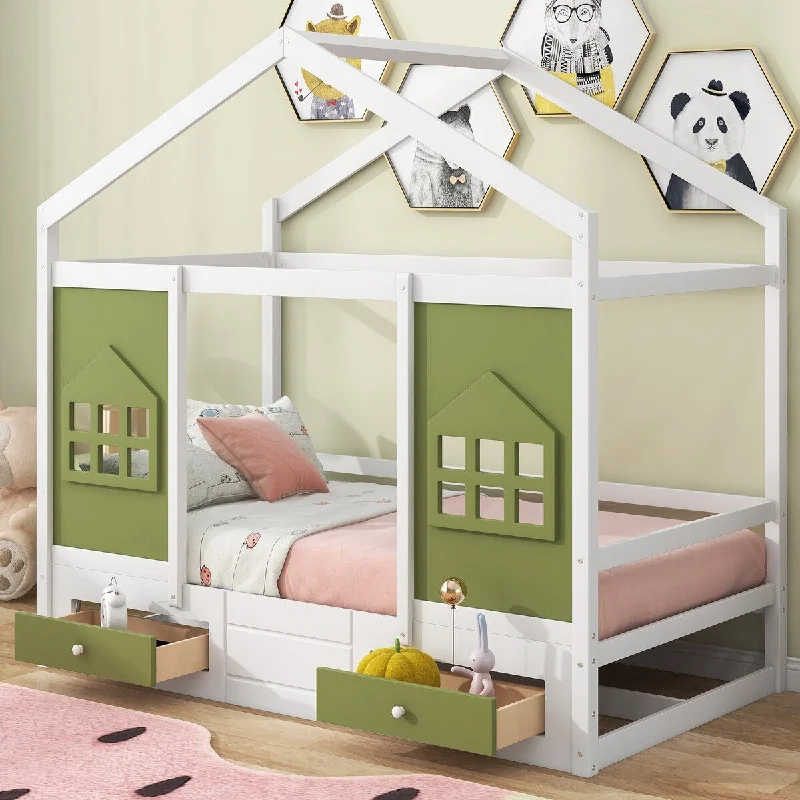 Green Twin Size Wood House Bed with Drawers