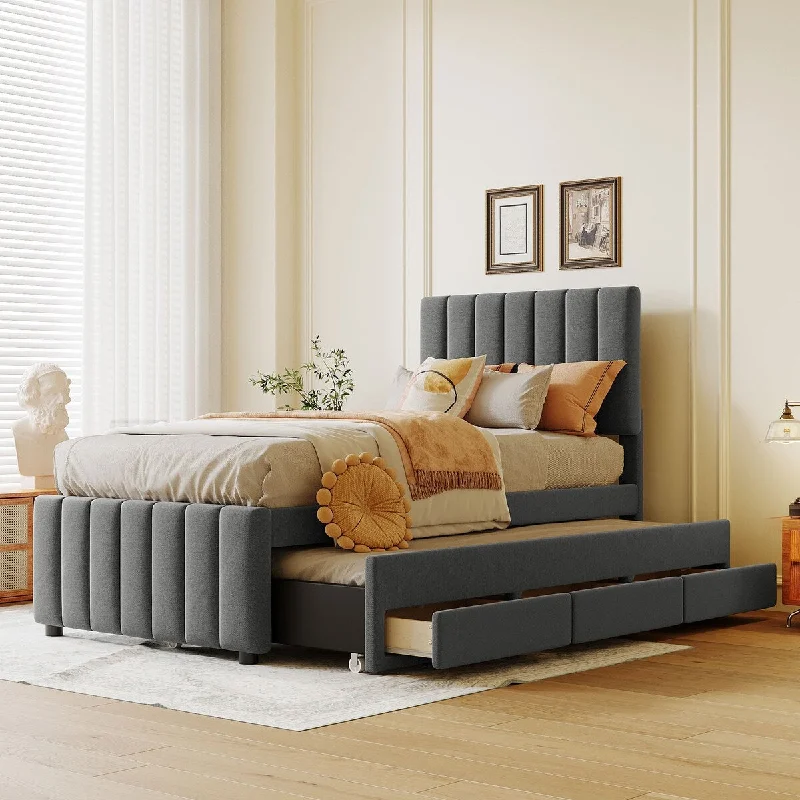 Grey Contemporary Twin Size Upholstered Platform Bed with Trundle and 3 Drawers, Linen Fabric