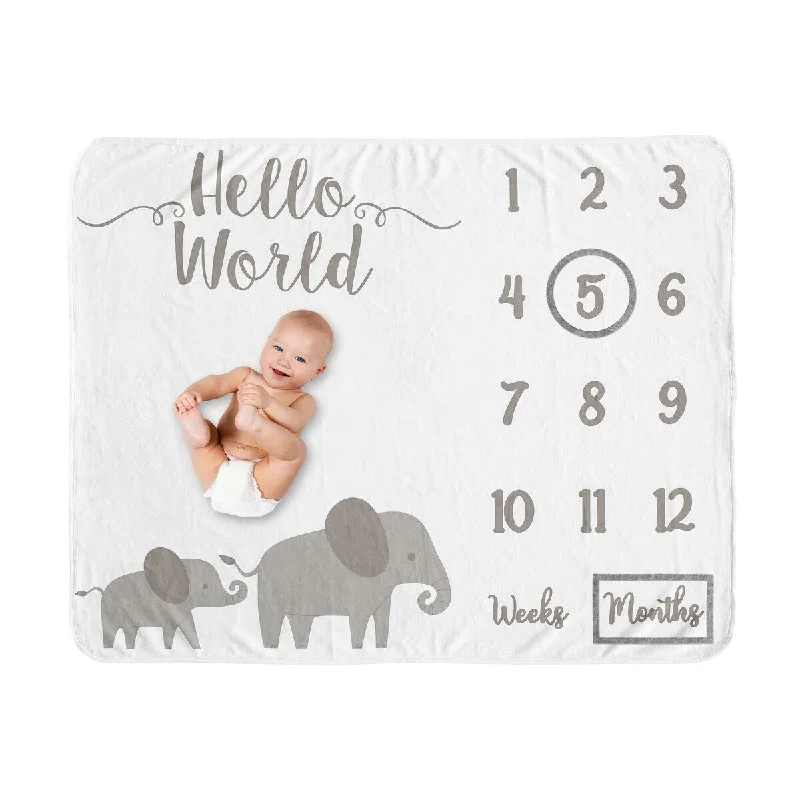 Grey Elephant Boy or Girl Baby Monthly Milestone Blanket - Watercolor Safari Animal for Mint Green and Gray Collection