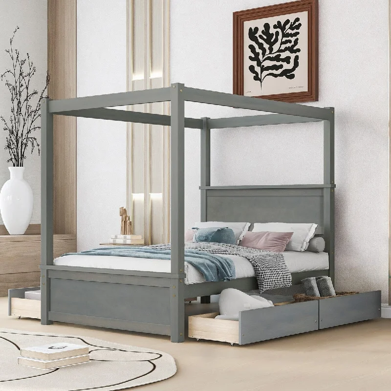 Grey Full Canopy Platform Bed with Drawers