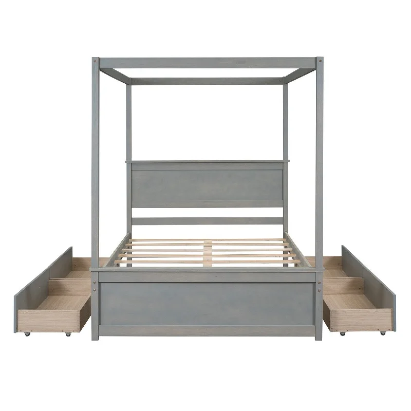 Grey Full Size Canopy Platform Bed with Storage Drawers