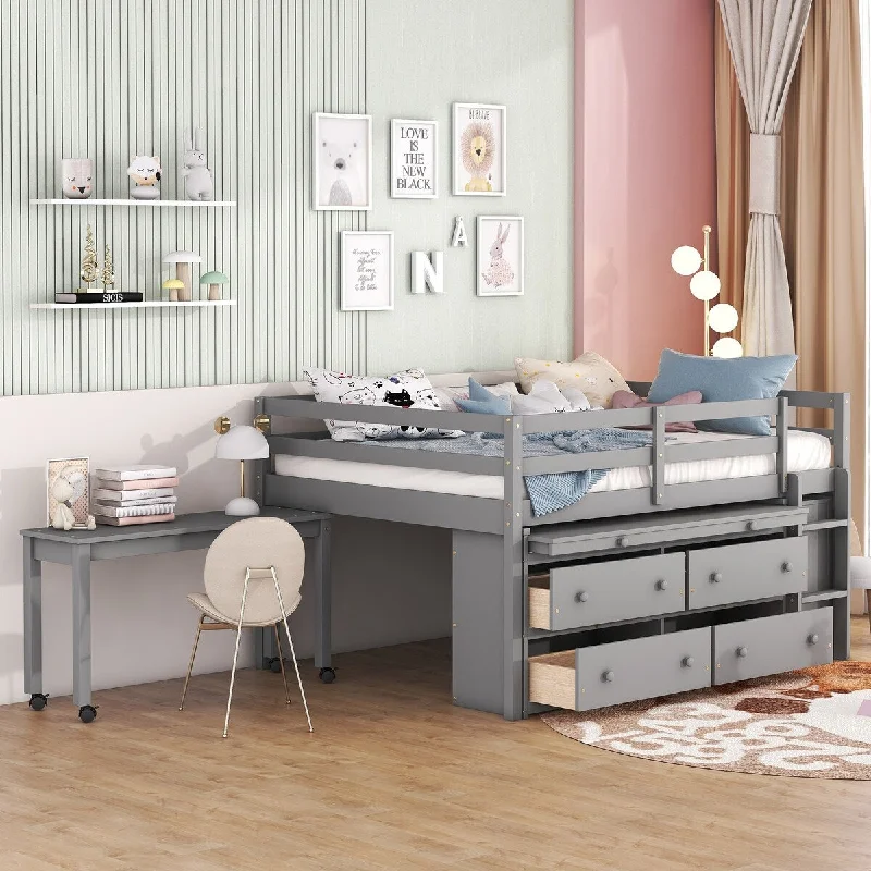 Grey Full Size Loft Bed with Retractable Writing Desk and Four Drawers - Available in /