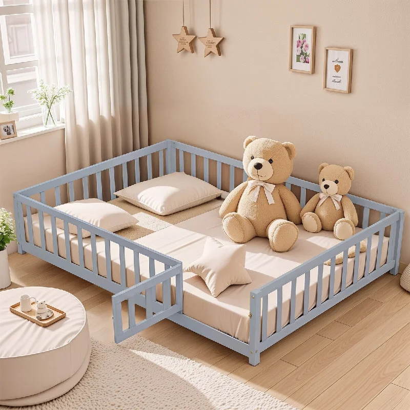 Grey Full Size Montessori Floor Platform Bed with Fence and Door for Kids - Sturdy Wooden Bed Frame