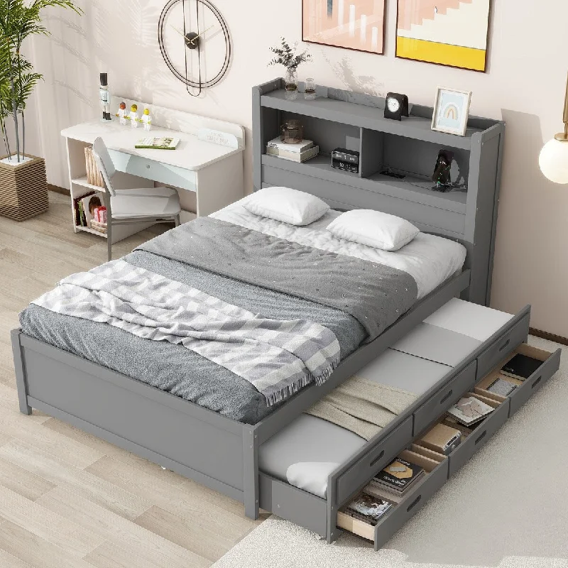 Grey Full Size Platform Bed with Trundle, Drawers, and USB Ports