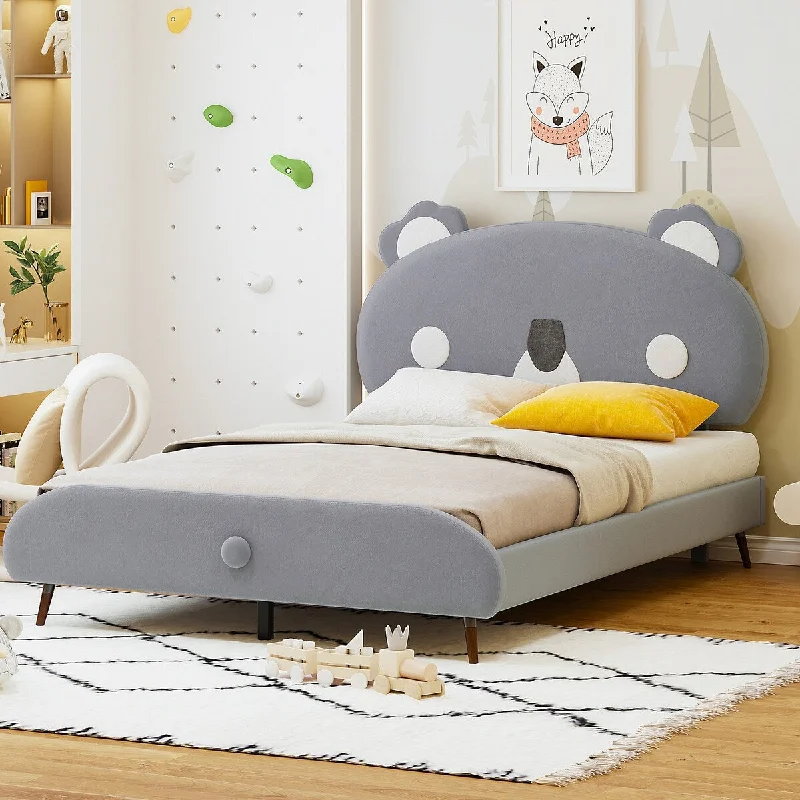 Grey Full Size Upholstered Bed with Animal Headboard