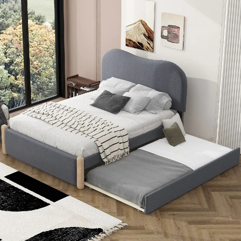 Grey Full Size Upholstered Platform Bed with Headboard, Trundle, and Wooden Feet