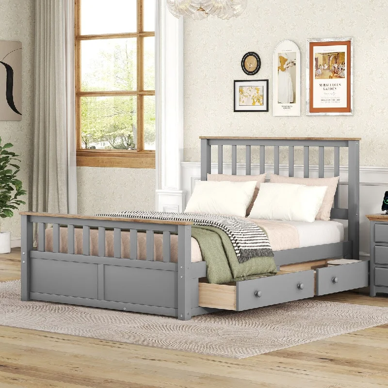 Grey Full Size Wood Platform Bed with Two Drawers - Classic Design, Wooden Slat Support