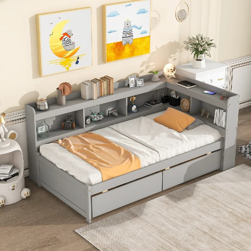 Grey Twin Size Bed with L-Shaped Bookshelves and Storage Drawers - Pine Wood, Space-Saving