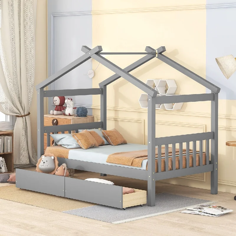 Grey Twin Size House Day Bed with Integrated Drawers for Added Storage and Organization