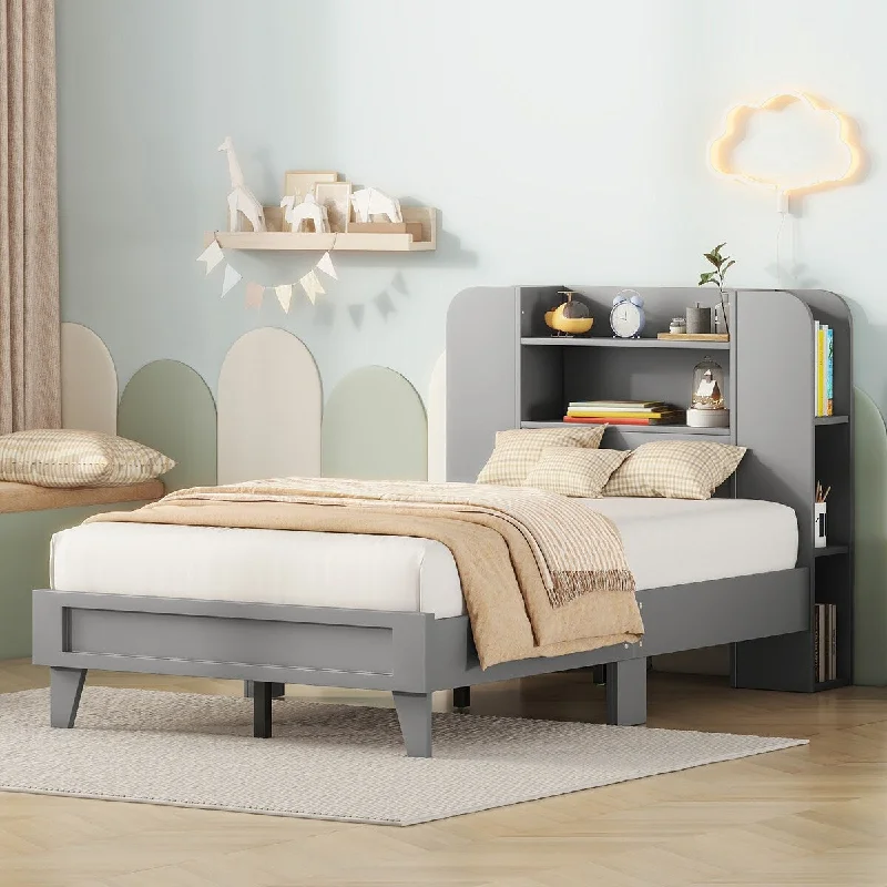 Grey Twin Size/ Platform Bed with Storage Headboard, / Finish, Durable Particle Board Construction, for teenagers.