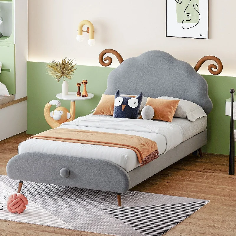 Grey Twin Size Upholstered Bed with Animal Headboard