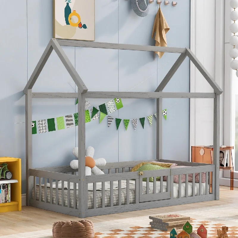 Grey Twin Size/ Wood House Bed with Fence, Door, and Roof - Enclosed Play Area for Kids