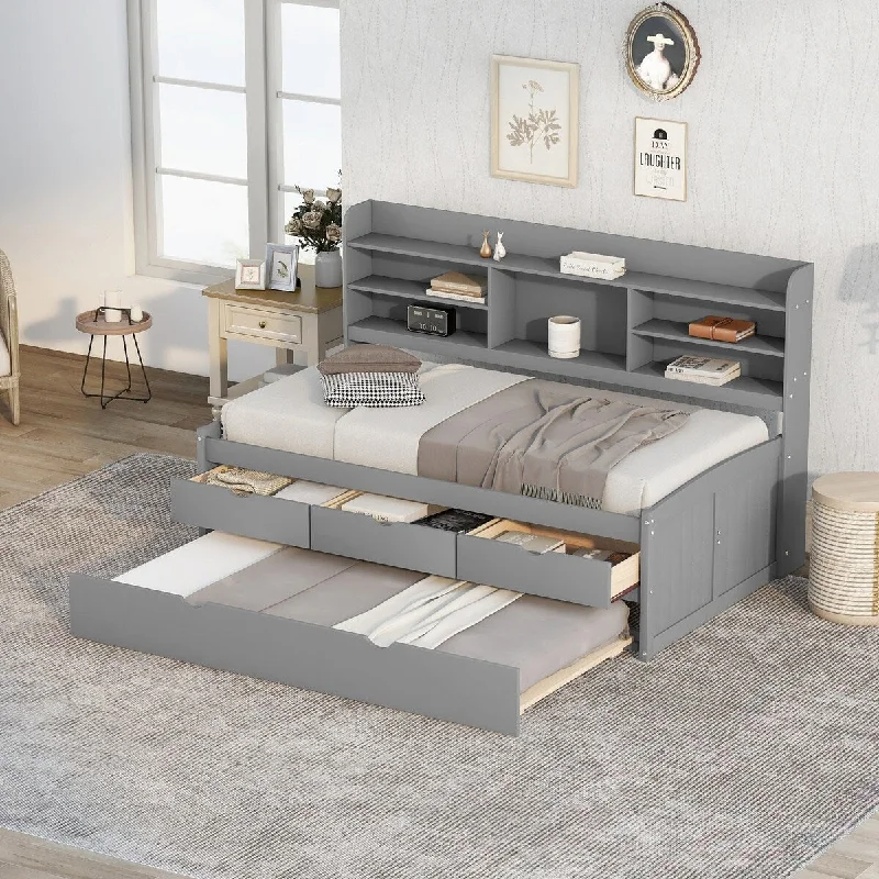 Grey Twin Size Wooden Captain Bed with Built-in Bookshelves for Organized Storage