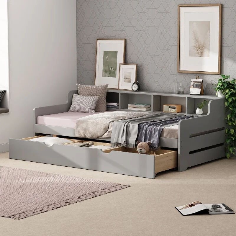 Grey Twin Size Wooden Day Bed with 3 Drawers and Shelving, Multi-Functional Guest Bed and Sofa, /