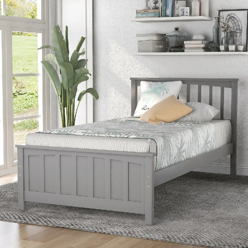 Grey Twin SizeClassic Wood Platform Bed with Headboard/Footboard - , / Finish, Sturdy Support Slats