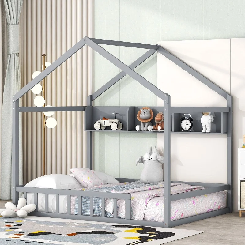 Grey Twin SizeWooden House Bed with Storage Shelf, Complete with Fence and Roof