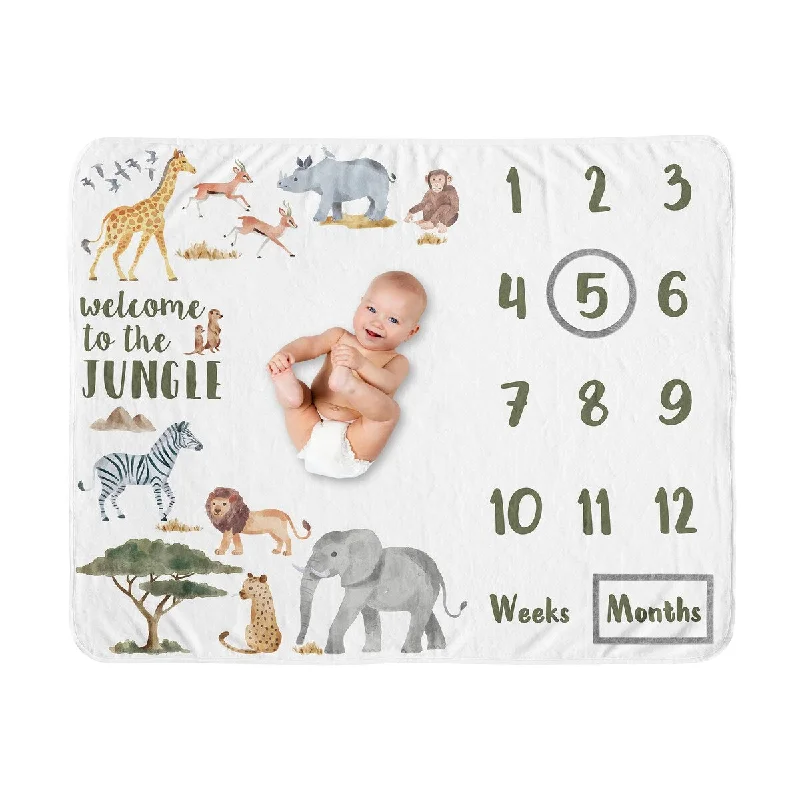 Jungle Animals Baby Monthly Milestone Blanket Hunter Green Black and White Safari Elephant Giraffe Lion Monkey Leopard Cheetah