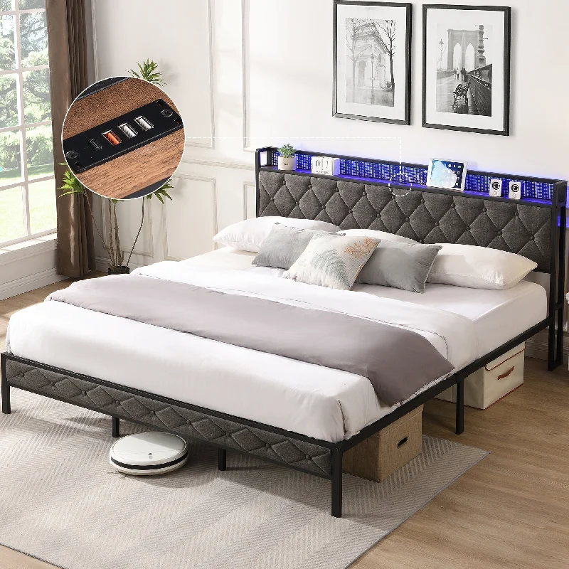 King Bed Frame with Storage Headboard, Charging Station LED Lights, Upholstered Platform Bed Metal Slats, No Box Spring Needed