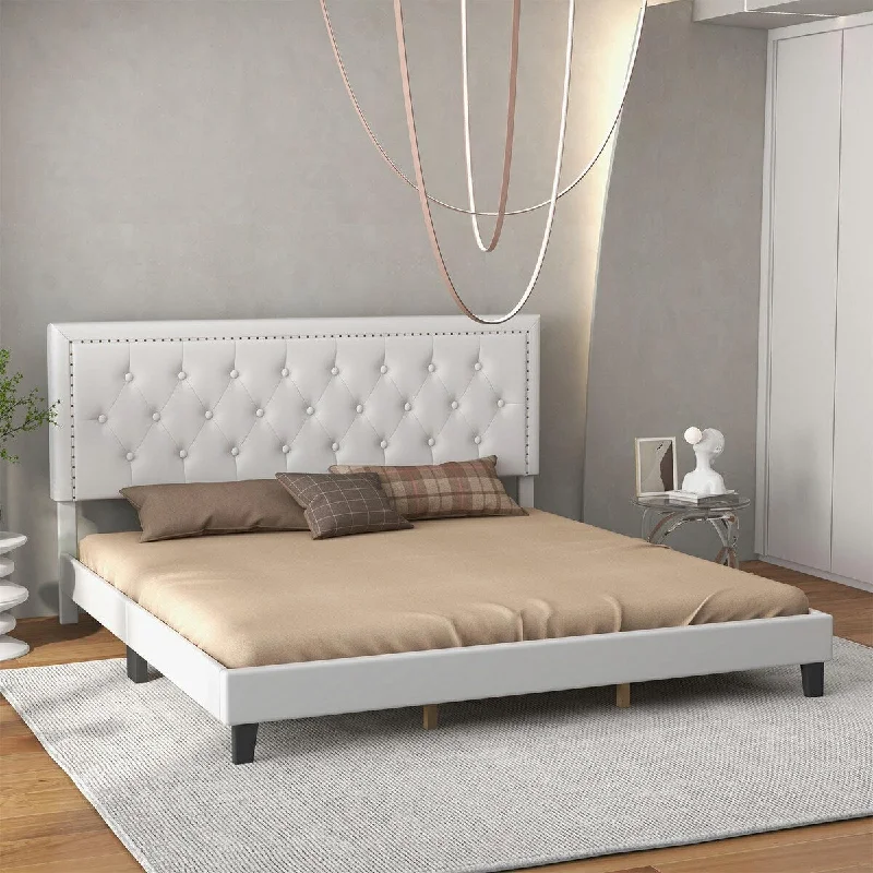 King Size Bed Frame with Leather Upholstered Headboard