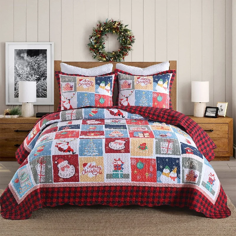 MarCielo 3 Pcs Festive Christmas Quilt Bedspread Set Holiday Bedding C104