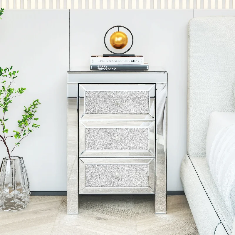 Mirrored File Cabinet Decorative Cabinet with Three Drawers, Generous Silver Bedroom Bedside Table Side Table Corner Table