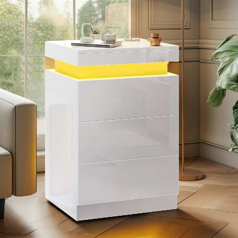 Moasis Modern Nightstand with 3 Drawers High Gloss Bedside Table RGB LED Light