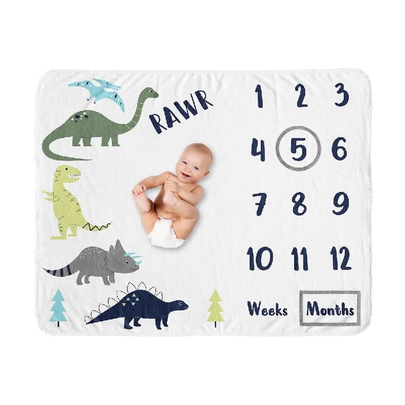 Mod Dino Collection Boy Baby Monthly Milestone Blanket - Blue, Green and Grey Modern Dinosaur Rawr