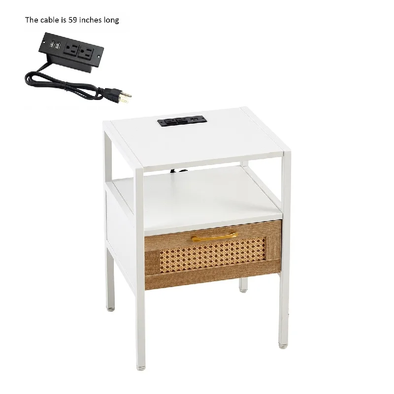 Modern Bedroom Nightstand with Power Socket and USB Port, Living Room Side Table with Rattan Drawer, Office Storage Cabinet