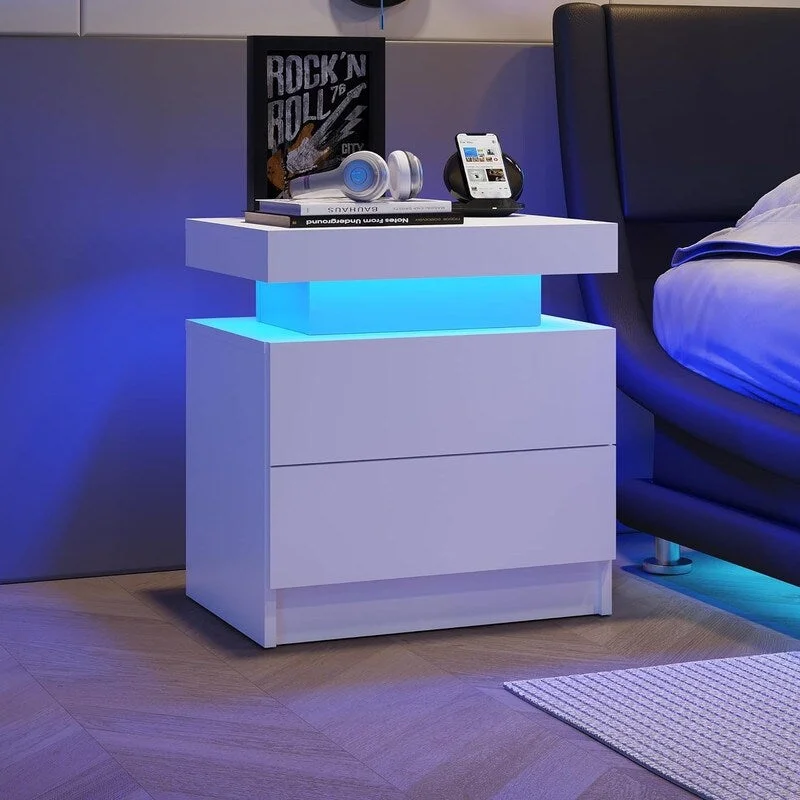 Modern High Glossy Small Nightstand with 2 Drawers, Bedside Table with LED Light and Hidden Storage Space