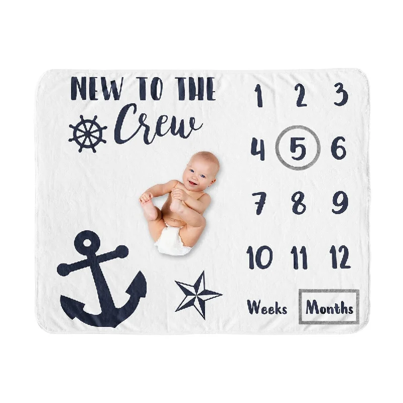 Nautical Anchor Boy or Girl Baby Monthly Milestone Blanket - Navy Blue and White Boat Crew Ocean Sea Sailing Gender Neutral