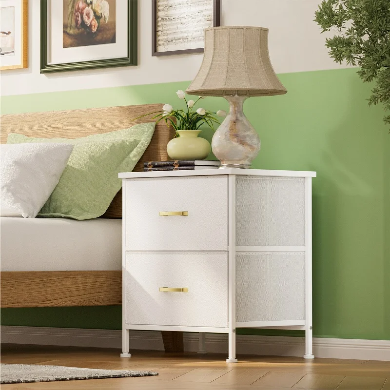 Nightstand with 2 Drawers Dresser for Bedroom Small Dresser with Fabric Bins Living Room Dorm Closet White Brown