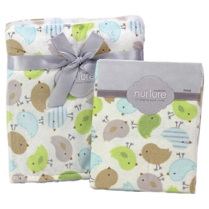 Nurture Nesting Birdies Nursery Plush Blanket and Changing Pad Cover Set