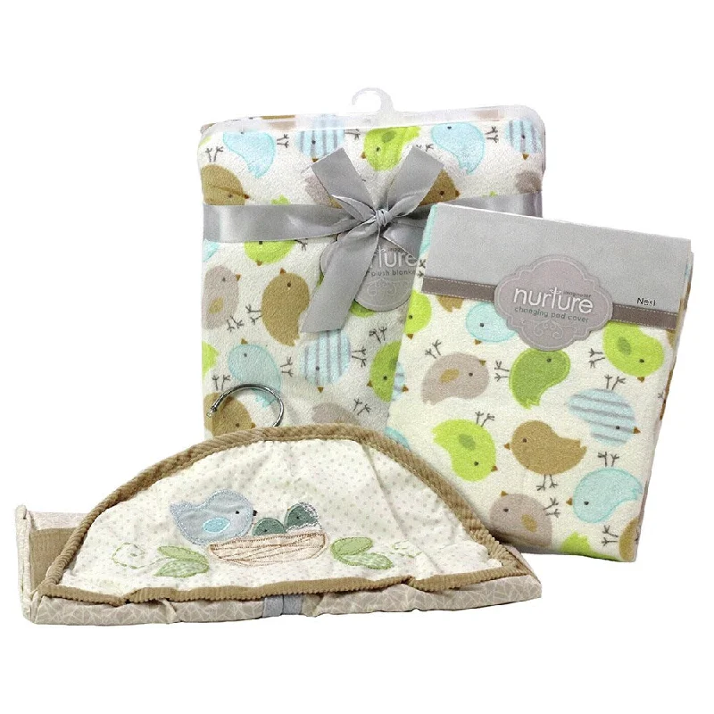 Nurture Nesting Birdies Nursery Plush Blanket, Changing Pad Cover and Diaper Stacker Set