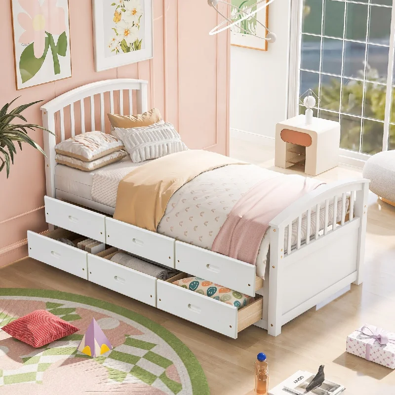 Pine Wood Twin Size Platform Bed Frame with 6 Drawers, Eco-Friendly Construction, Ideal for Kids