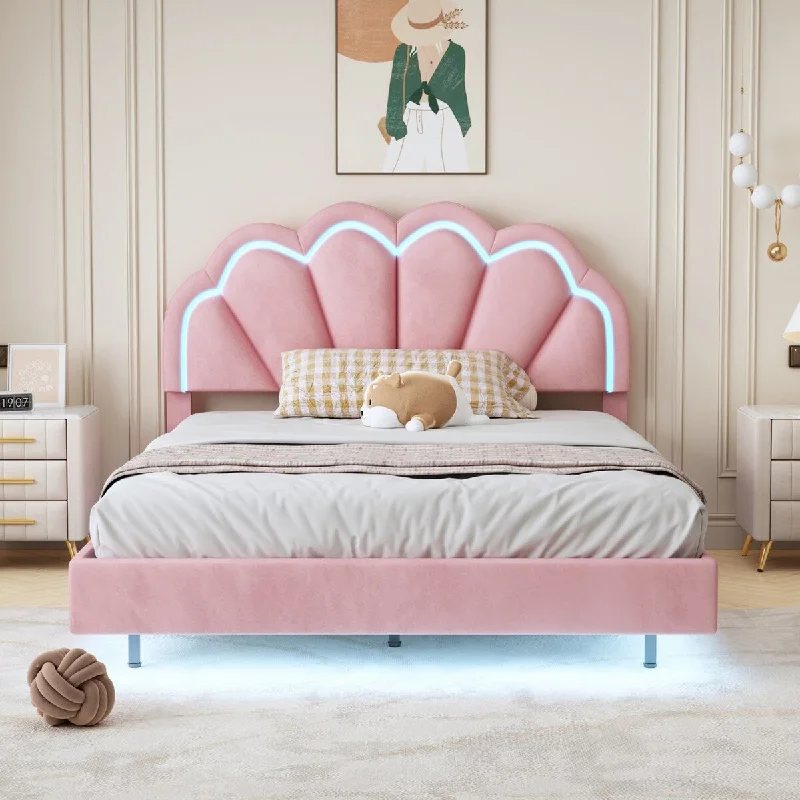 Pink Full Size Upholstered Platform Bed with LED