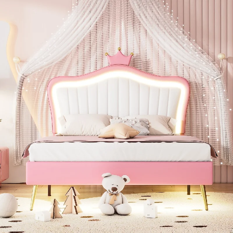 Pink Full Size Upholstered Platform Bed with LED Lights,Modern and Crown Headboard