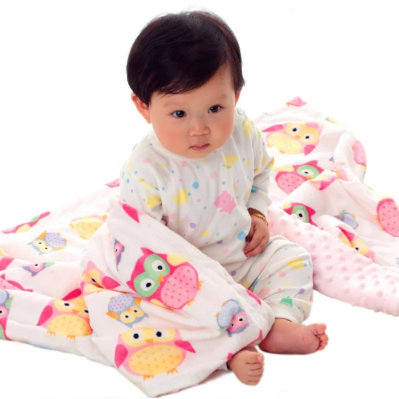 Pink Owls Baby Blanket Soft Minky Double Layer Dotted Backing 30"x40" - 30" x 40" - 30" x 40"