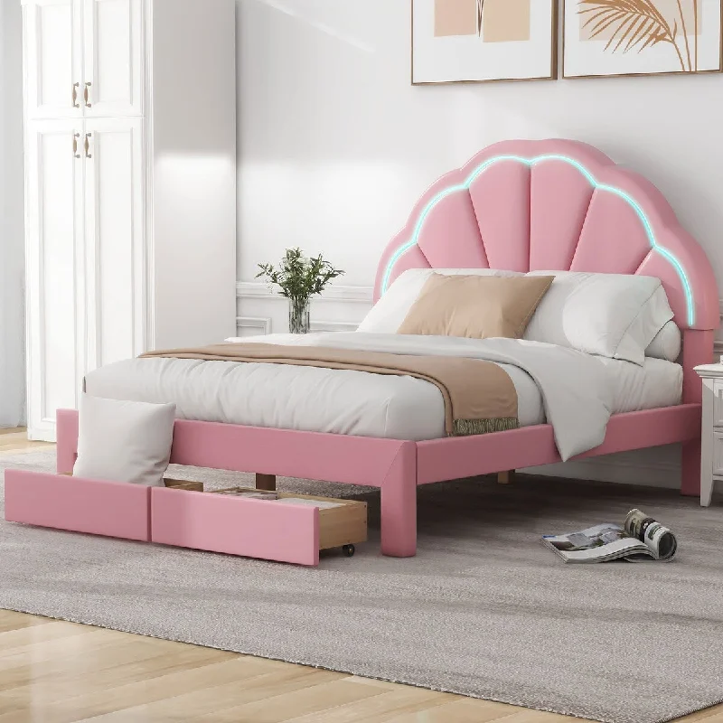 Pink Queen Size LED Upholstered Platform Bed with Seashell Shaped Headboard, 2 Drawers - Chic Design