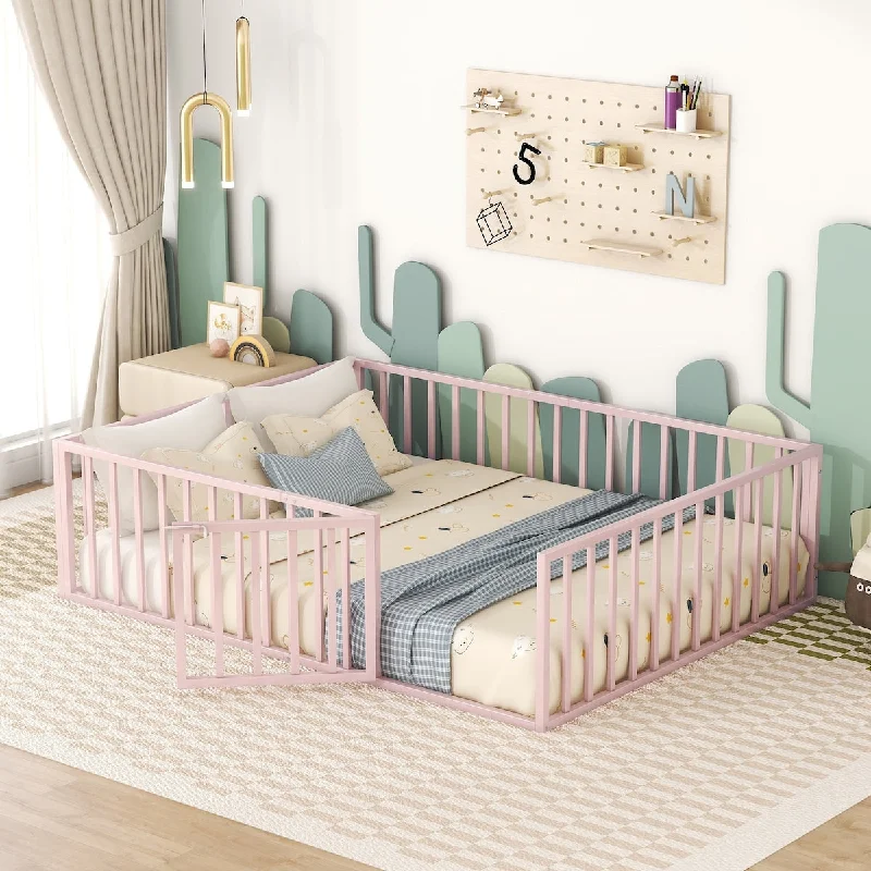 Pink Queen Size Metal Floor Bed Frame with Fence and Door Perfect for Toddler