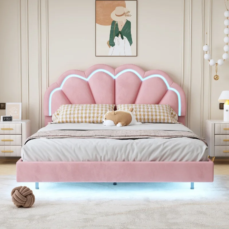 Pink Queen Size Platform Bed with Smart LED and Elegant Flowers Headboard