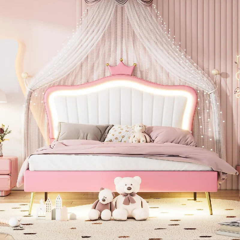 Pink Queen SizeUpholstered Bed Frame with LED Lighting