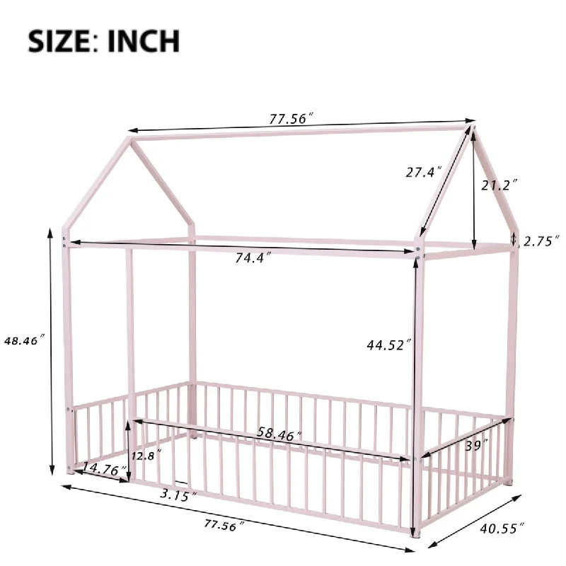 Pink Twin Size Metal House Bed Frame with Fence - Playful, Sturdy Design