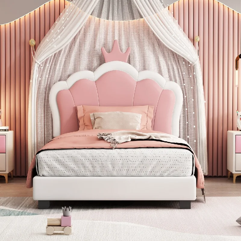 Pink Twin Size+Pink Upholstered Bed with Crown Headboard