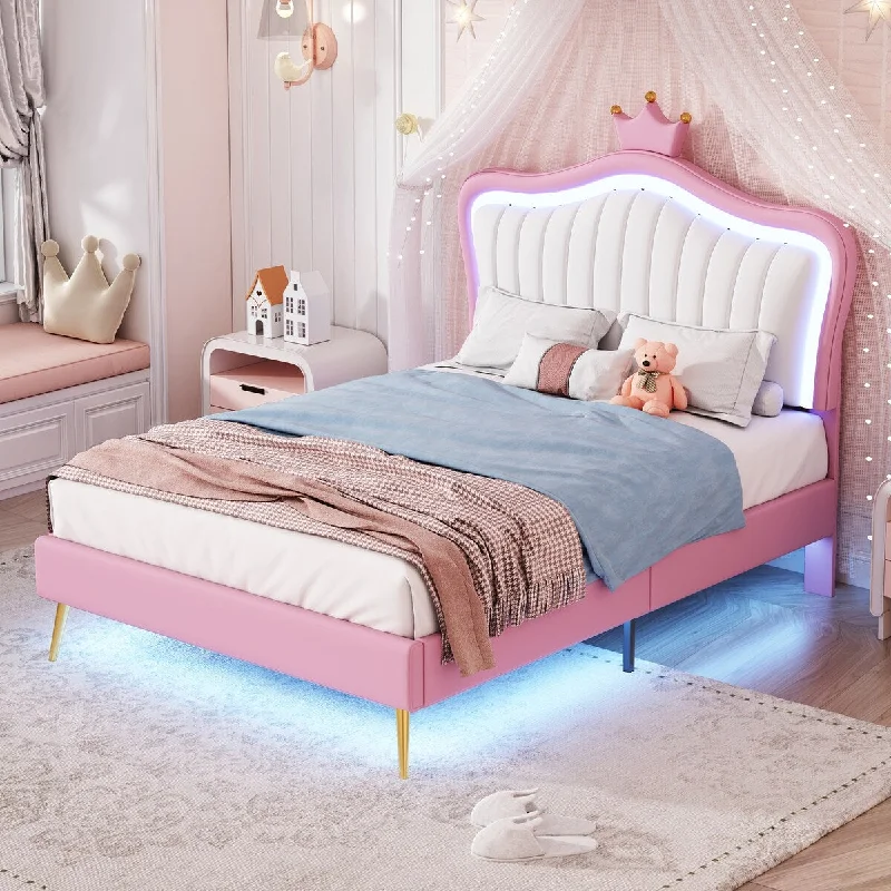 Pink Twin Size Upholstered Platform Bed with LED Lights