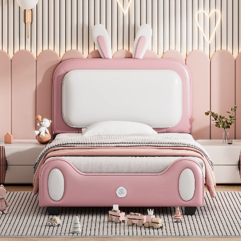 Pink Twin Size Upholstered Rabbit-Shape Princess Bed